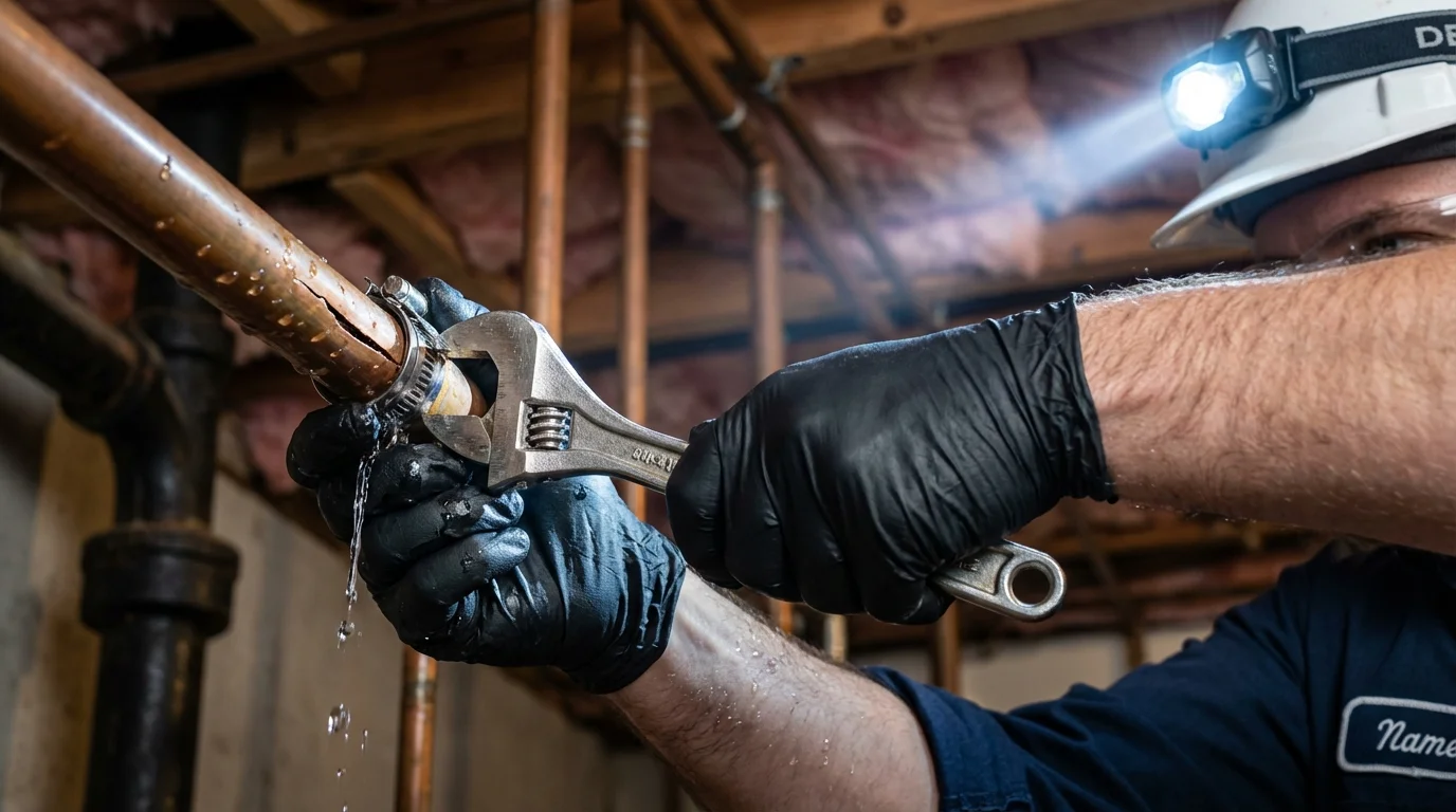 Emergency pipe clamp repair being performed by a Johns Plumbing LLC plumber in Dalton