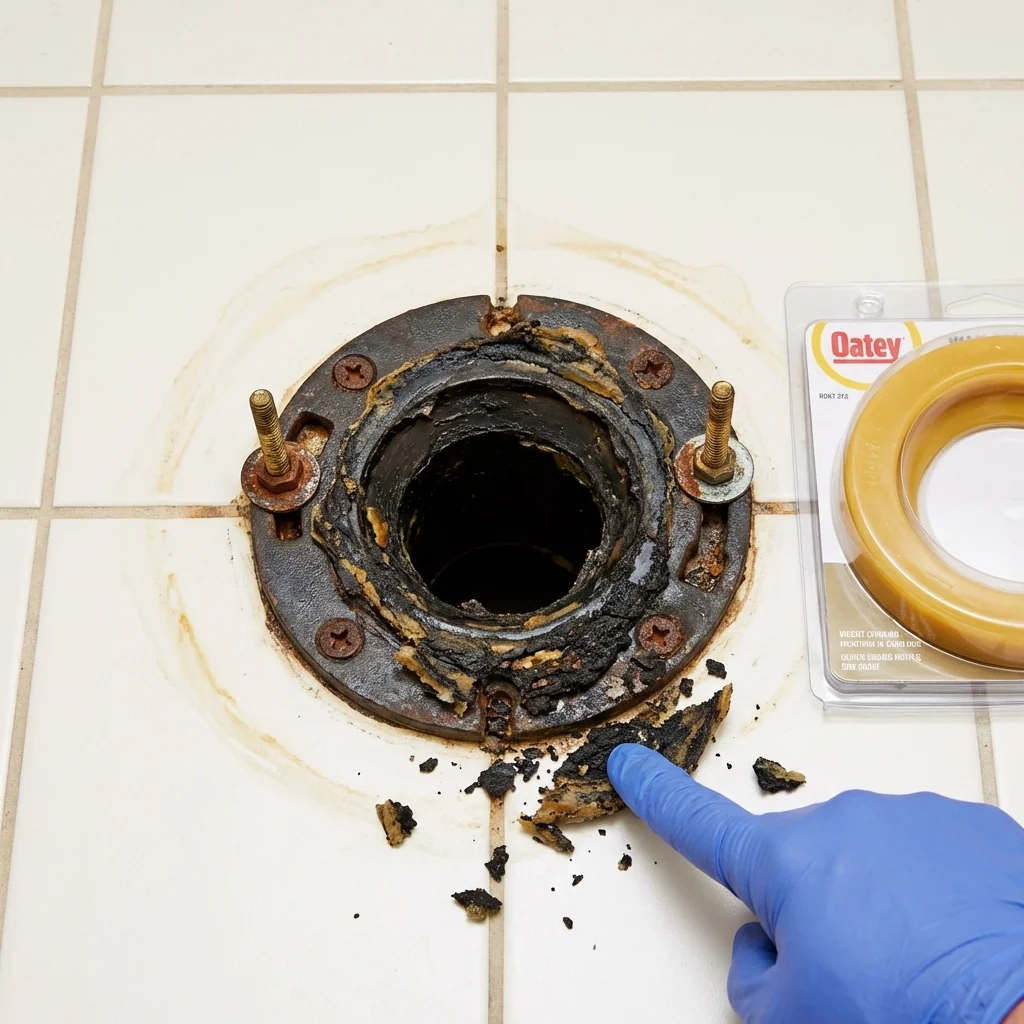 Failed wax ring showing water seepage at the base of a toilet in a Dalton, GA home
