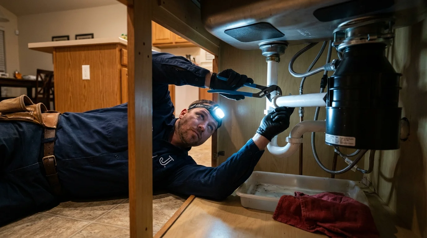 P-trap and supply line connections under a kitchen sink showing a common leak point in Dalton, GA